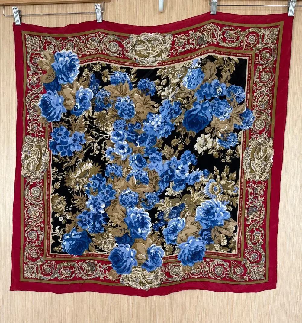 100% Silk Hand Rolled Hand Painted Floral Scarf Red Blue Tan 34